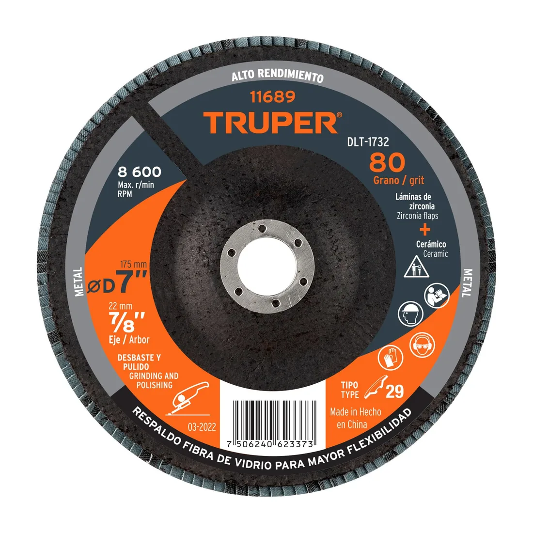 Disco laminado 7', grano 80 centro 7/8', fibra, TRUPER