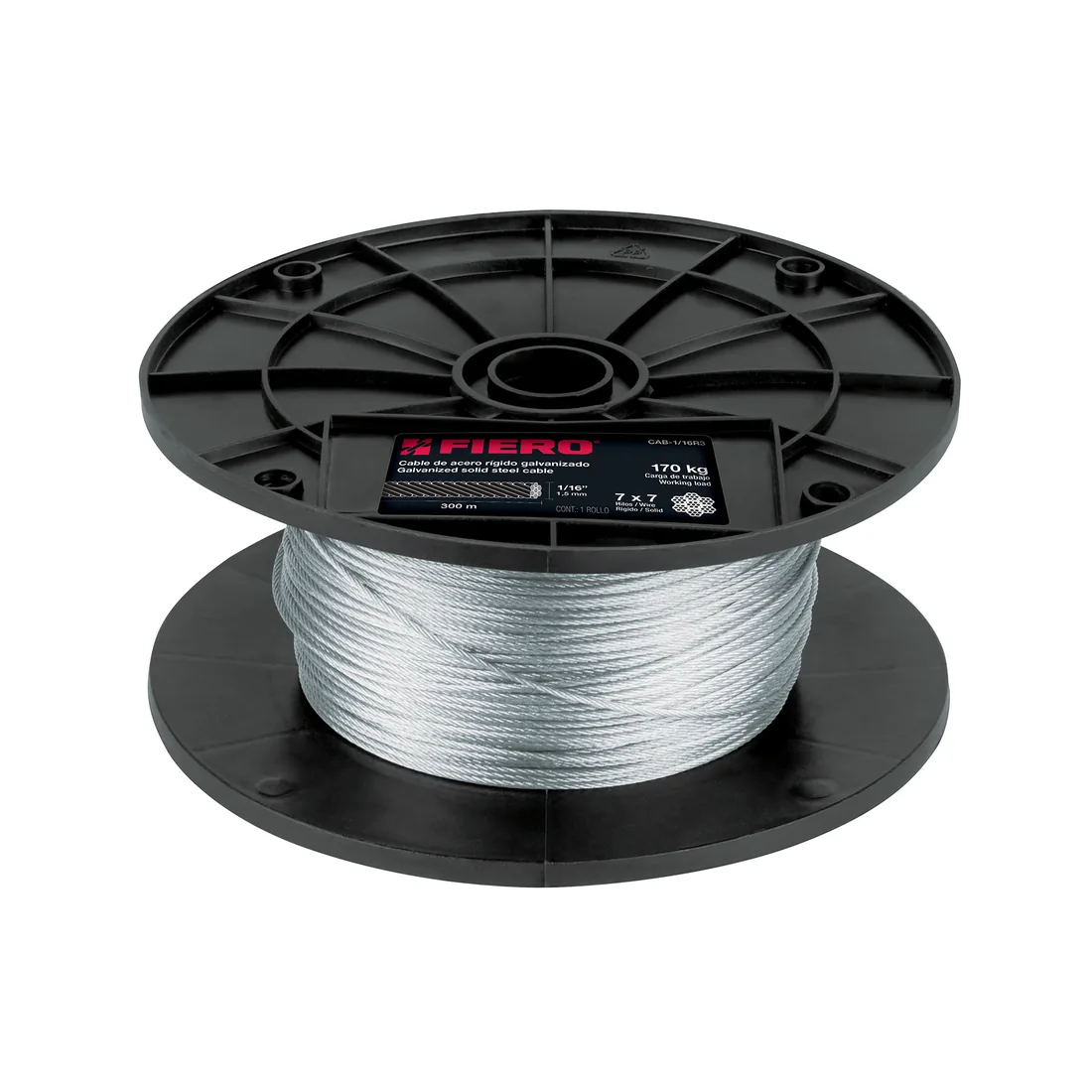 Metro de cable rígido 1/16' de acero 7x7 hilos, 300 m, FIERO