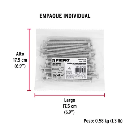 Bolsa con 30 tornillos 1/4' x 3-1/2' tipo máquina, FIERO