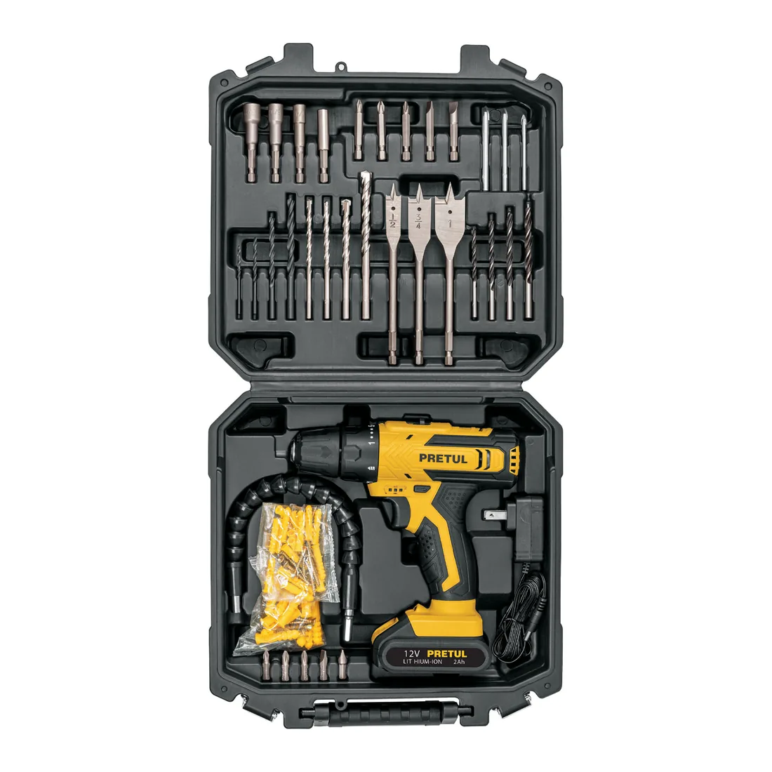 Kit taladro/destornillador 3/8', 12V, 33 accesorios, PRETUL