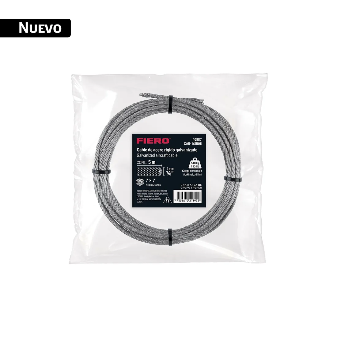 Cable rígido 1/8' x 5 m, acero galvanizado, FIERO