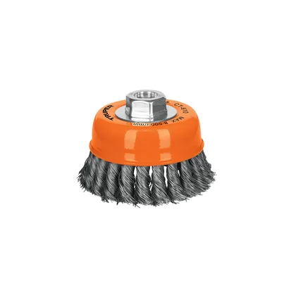Carda copa 4' alambre trenzado fino, eje 5/8'-11, TRUPER