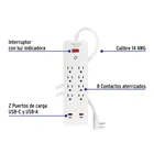 Multicontacto 8 entradas, 2 USB A + 2 USB C, blanco, VOLTECK 3