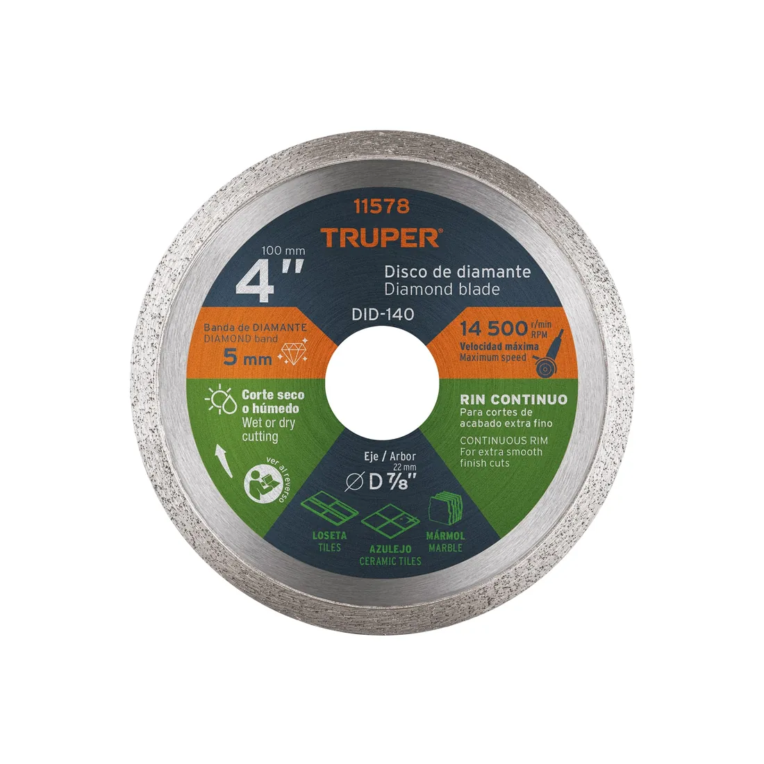 Disco de diamante de 4' x 1.6 mm, rin continuo, TRUPER