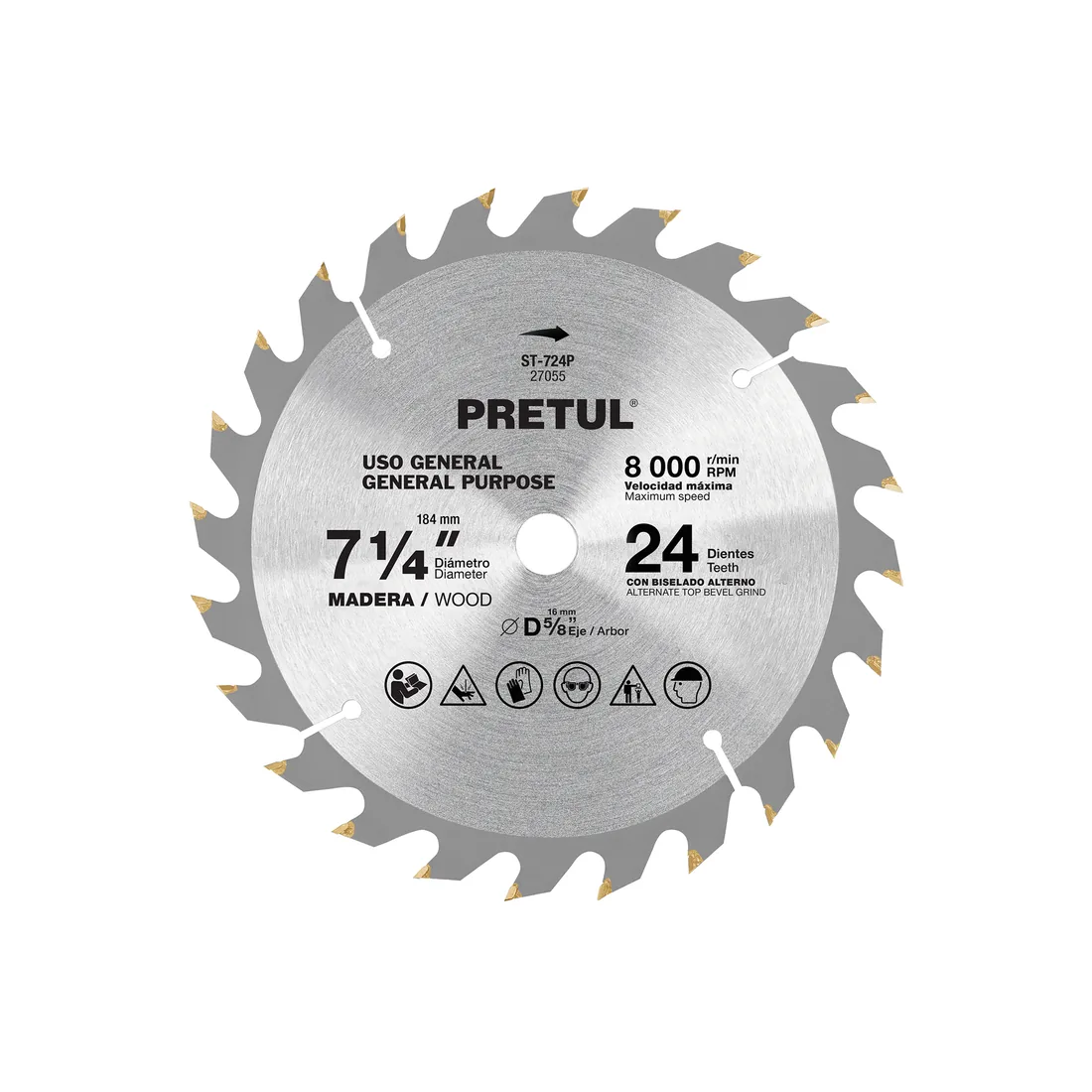 Disco sierra 7-1/4' p/madera, 24 dientes centro 5/8', PRETUL