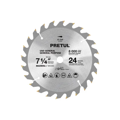 Disco sierra 7-1/4' p/madera, 24 dientes centro 5/8', PRETUL