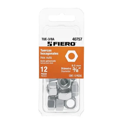 Blíster con 12 tuercas 3/8' hex de acero galvanizado, FIERO