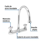 Mezcladora fregadero 8' cromo, cuello largo, cruceta, AQUA 2