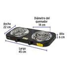 Parrilla eléctrica 2 quemadores en espiral, negra, BASIC 3
