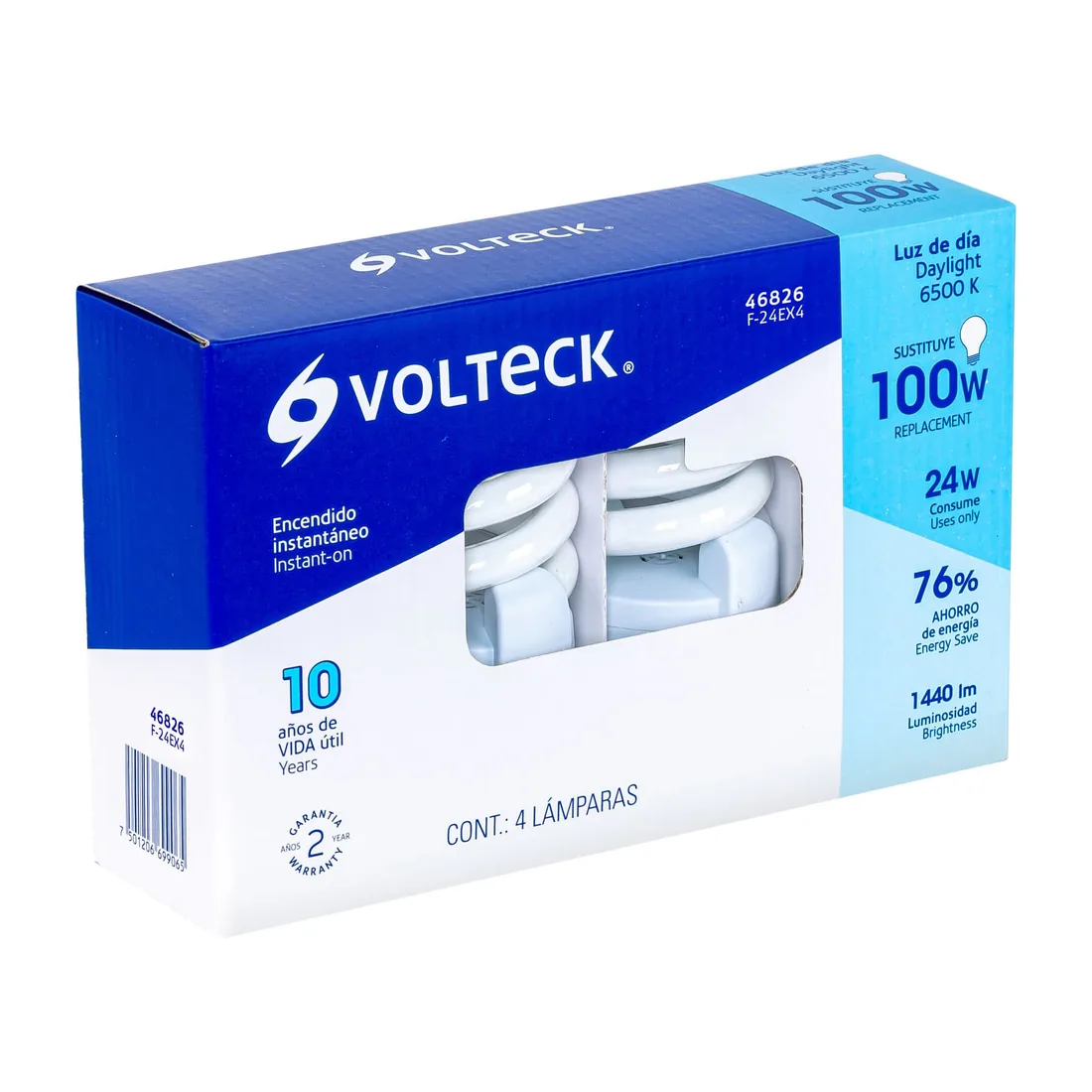 Pack 4 lámparas espiral T4 24 W luz de día, caja, VOLTECK