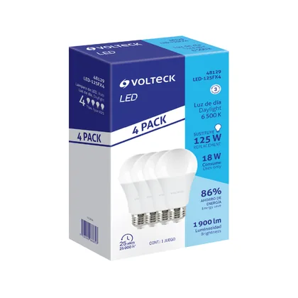Pack 4 focos LED 18W (125W) A25, 6500K blanca fría, 1900 lm