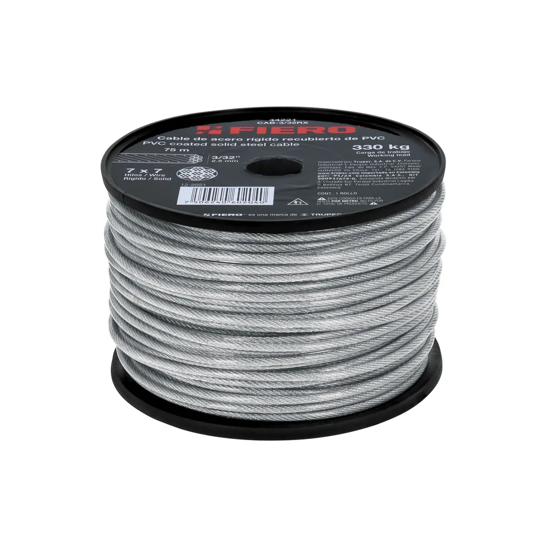 Metro de cable rígido 3/32' acero 7x7 recubierto PVC, 75 m