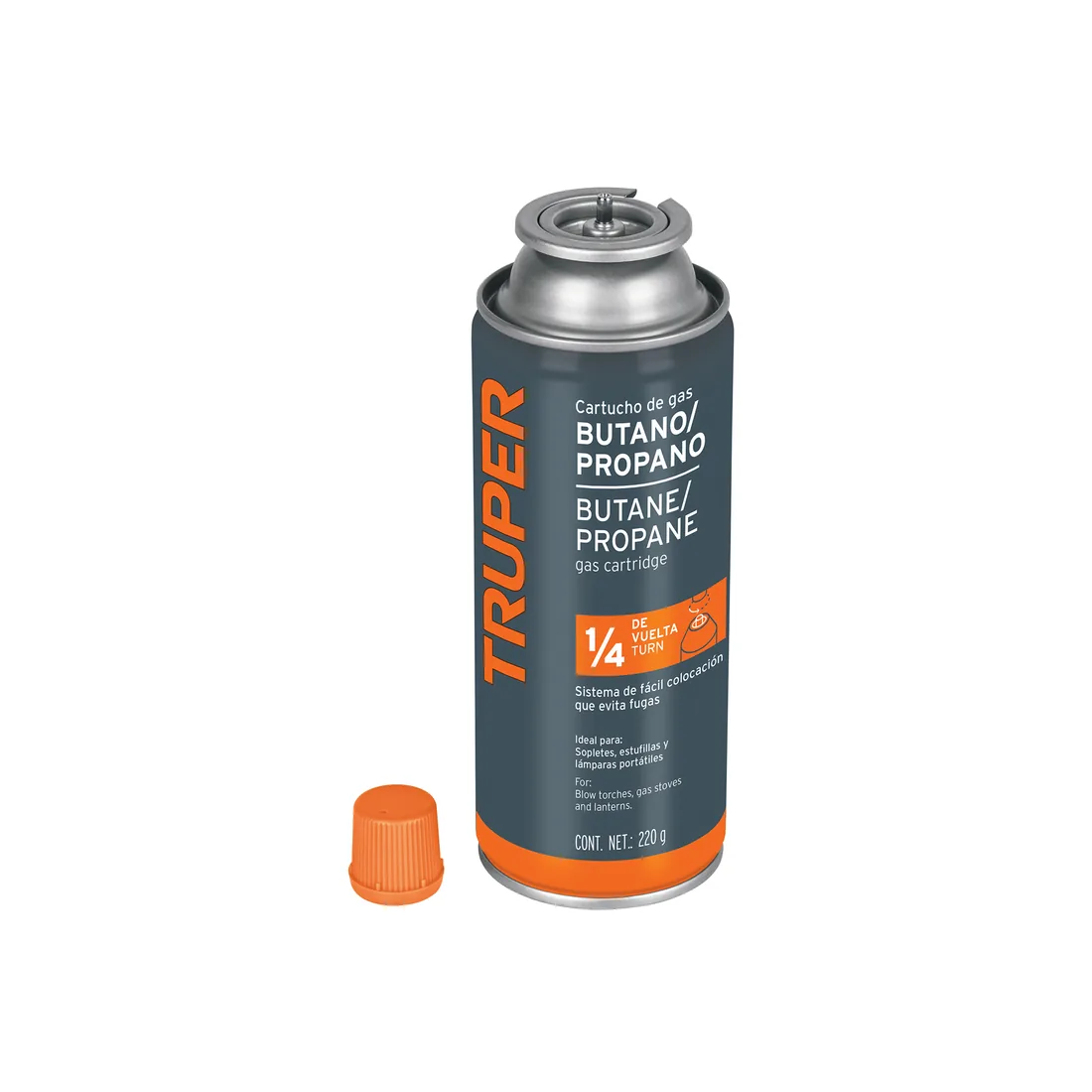 Lata de gas de 220g con válvula de 1/4 de vuelta, TRUPER
