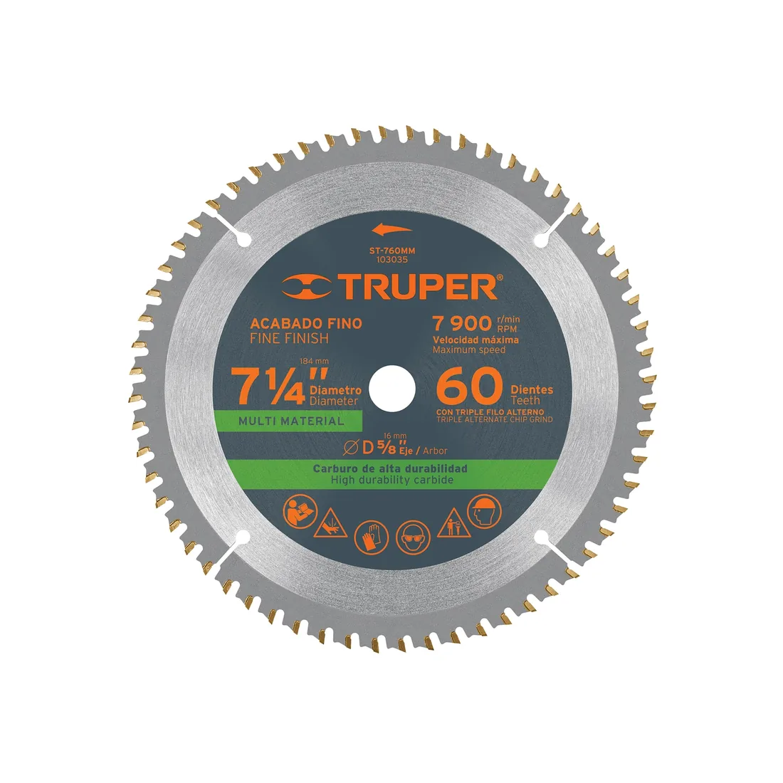 Disco sierra 7-1/4' multimaterial, 60 dientes centro 5/8'