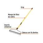 Rastrillo jardinero, 16 dientes, mango 60' fibra de vidrio 2