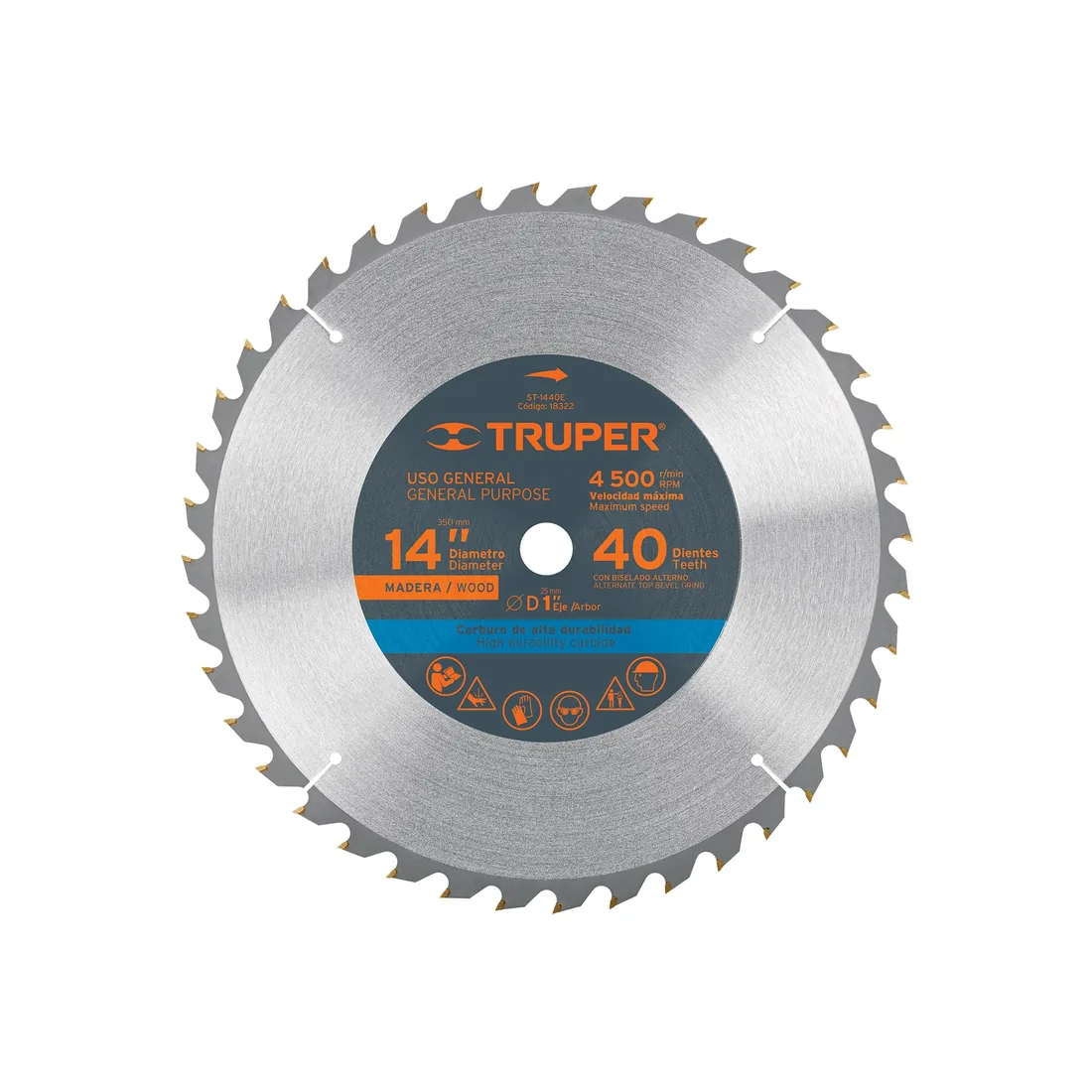 Disco sierra 14' para madera, 40 dientes centro 1', TRUPER