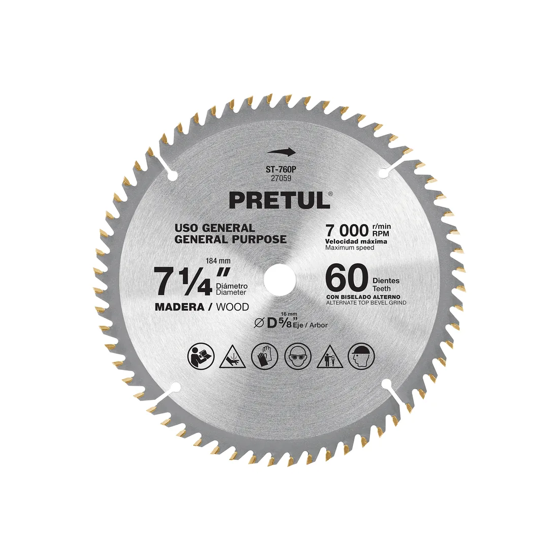 Disco sierra 7-1/4' p/madera, 60 dientes centro 5/8', PRETUL