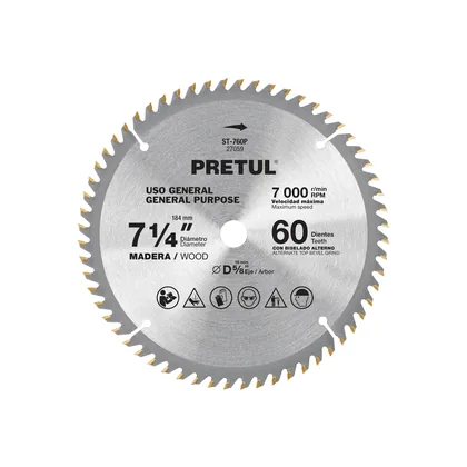 Disco sierra 7-1/4' p/madera, 60 dientes centro 5/8', PRETUL