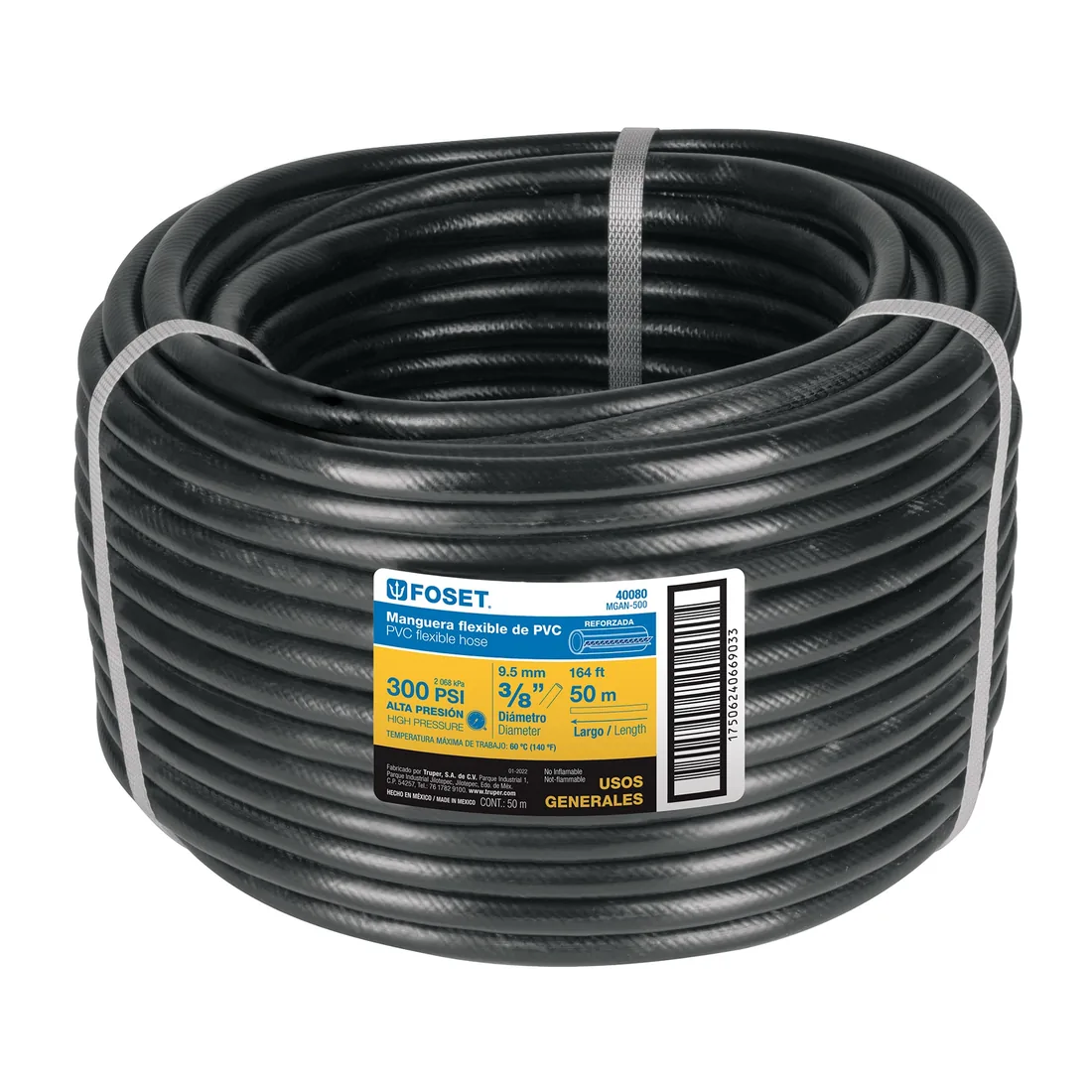 Manguera para gas, PVC negra, 3/8' sin conexión, 50 m, FOSET