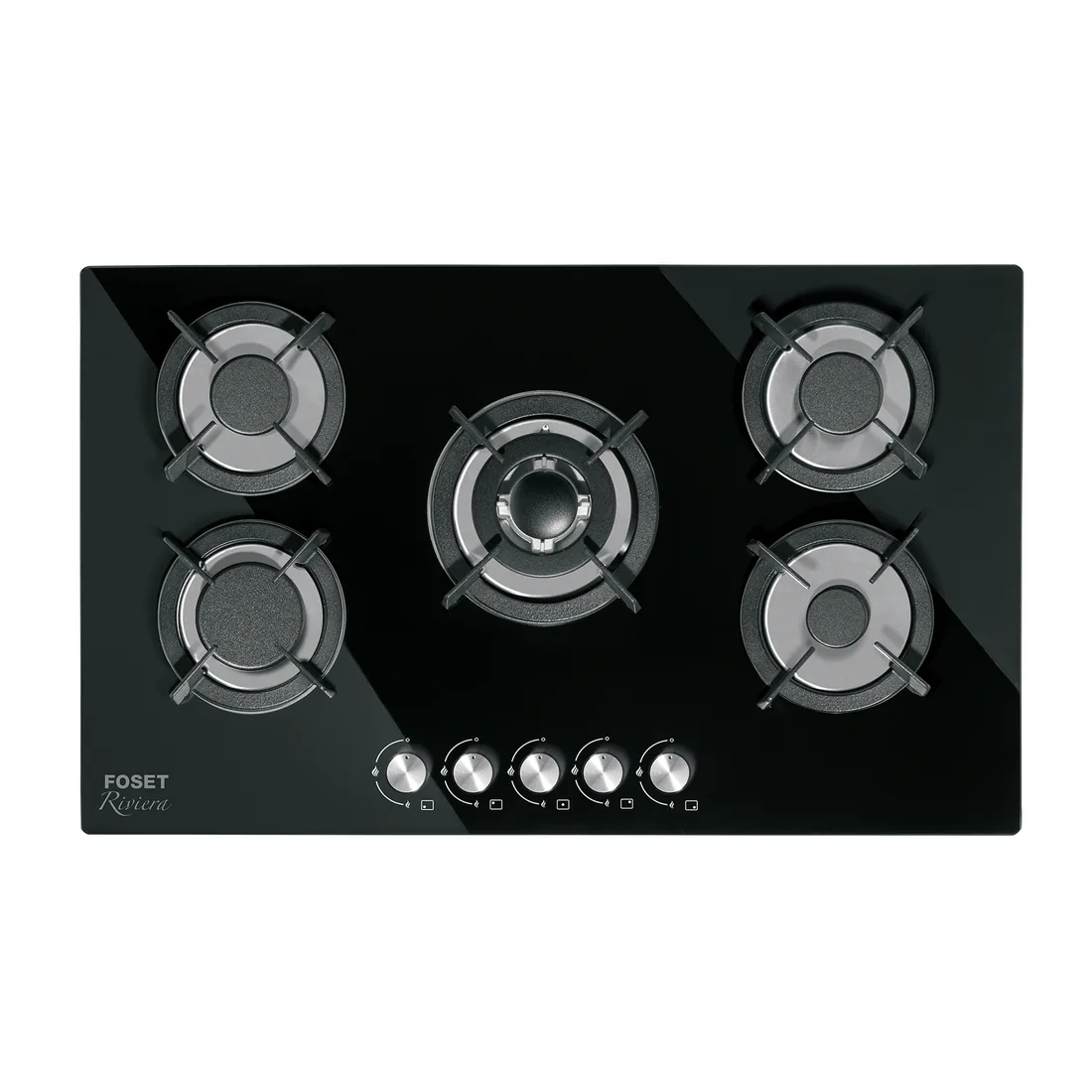Parrilla gas empotrable 90cm, 5 quem, vidrio negro, RIVIERA