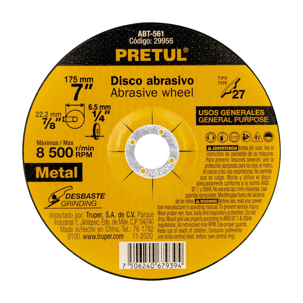 ABT-561 | Disco Tipo 27 de 7' x 6.2 mm desbaste de metal, Pretul