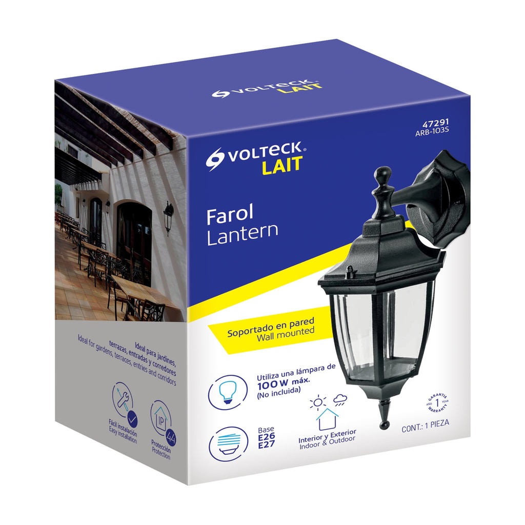 ARB-103S | Arbotante tipo farol suspendido negro, lámpara no incluida
