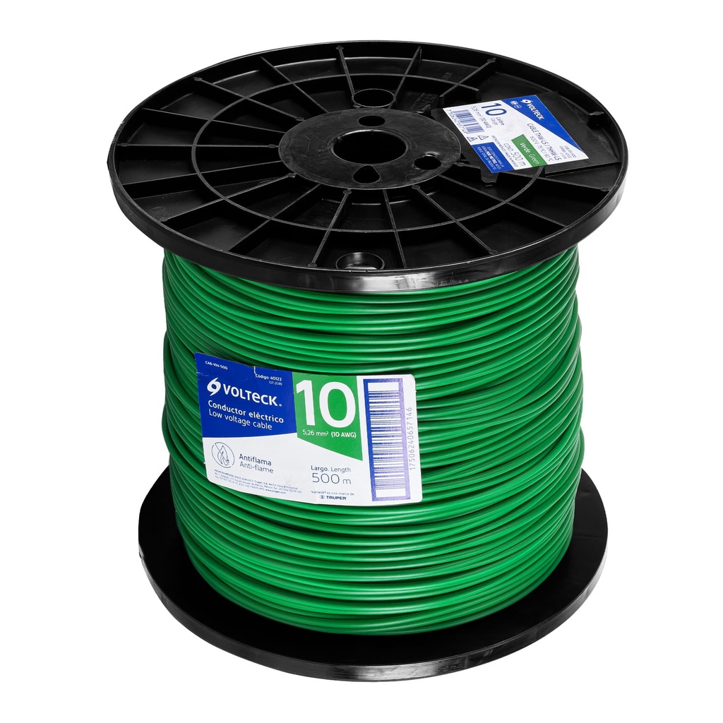 CAB-10V-500 | Metro de cable THHW-LS 10 AWG verde en carrete de 500 m