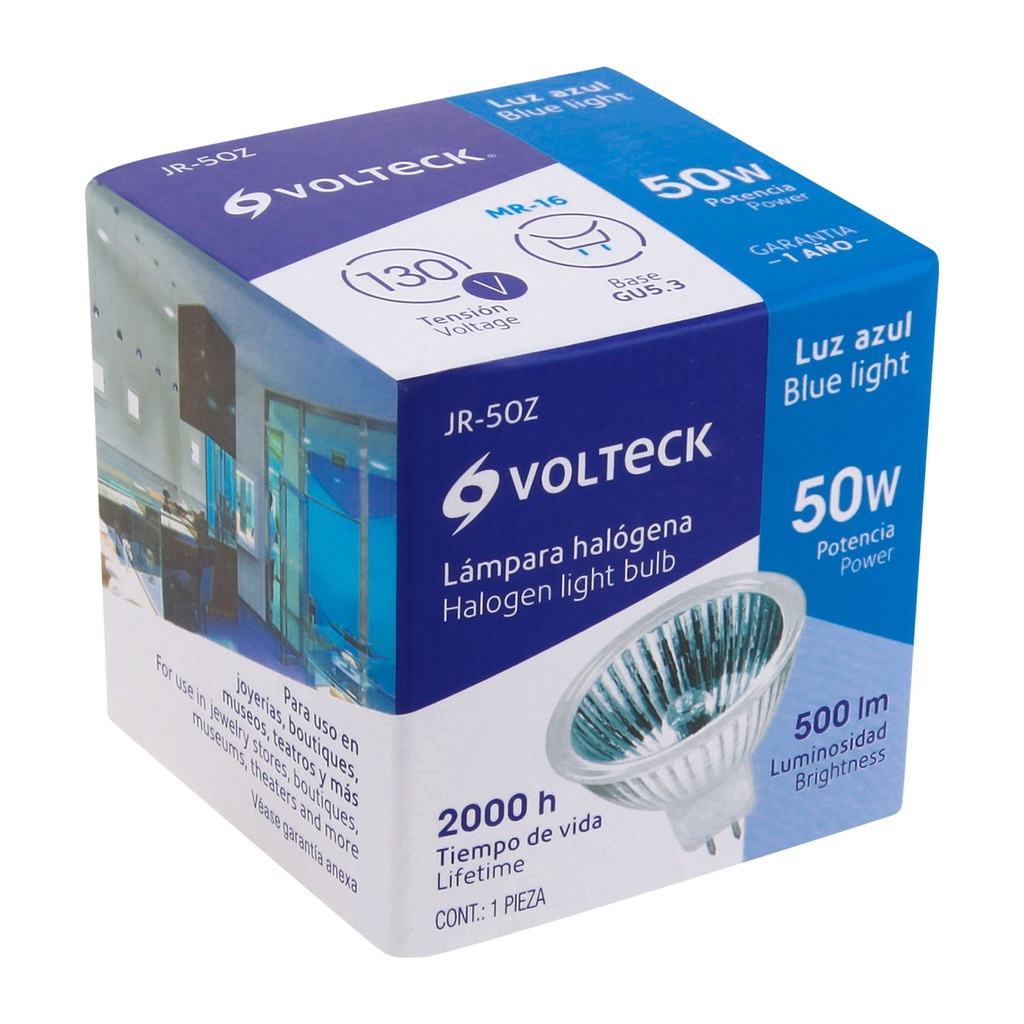 JR-50Z | Lámpara de halógeno azul 50 W tipo MR16 en caja, Volteck