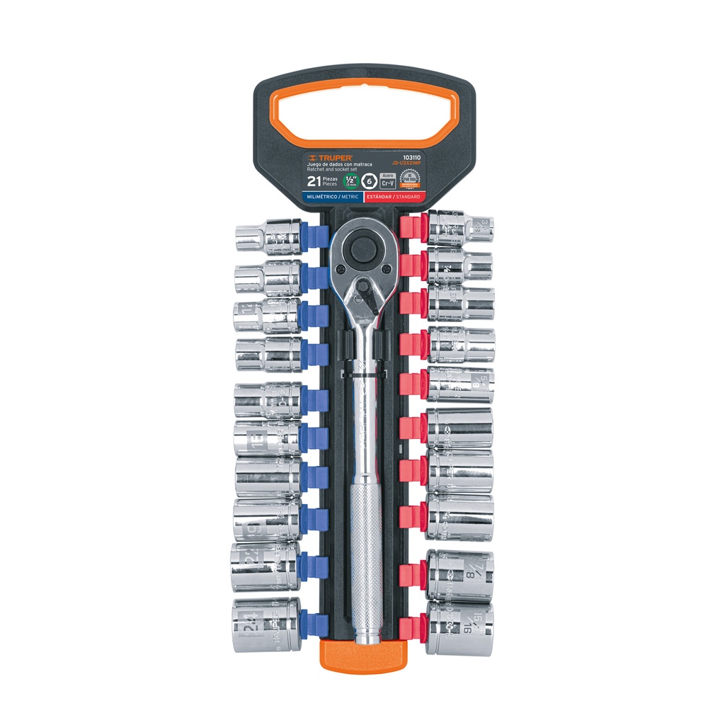 JD-1/2X21MP | Juego de dados mm y std con matraca, cuadro 1/2', Truper