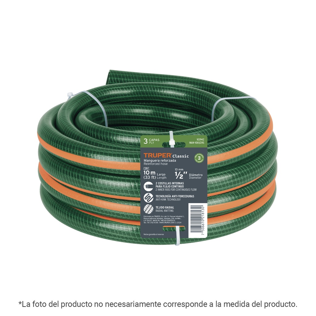 MAN-10X3/4RS | Manguera de jardín 3/4', 3 capas, 10m, sin conexiones TRUPER
